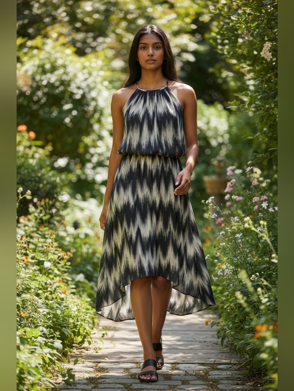 Roz & Ali Black and White High Low Halter Sundress